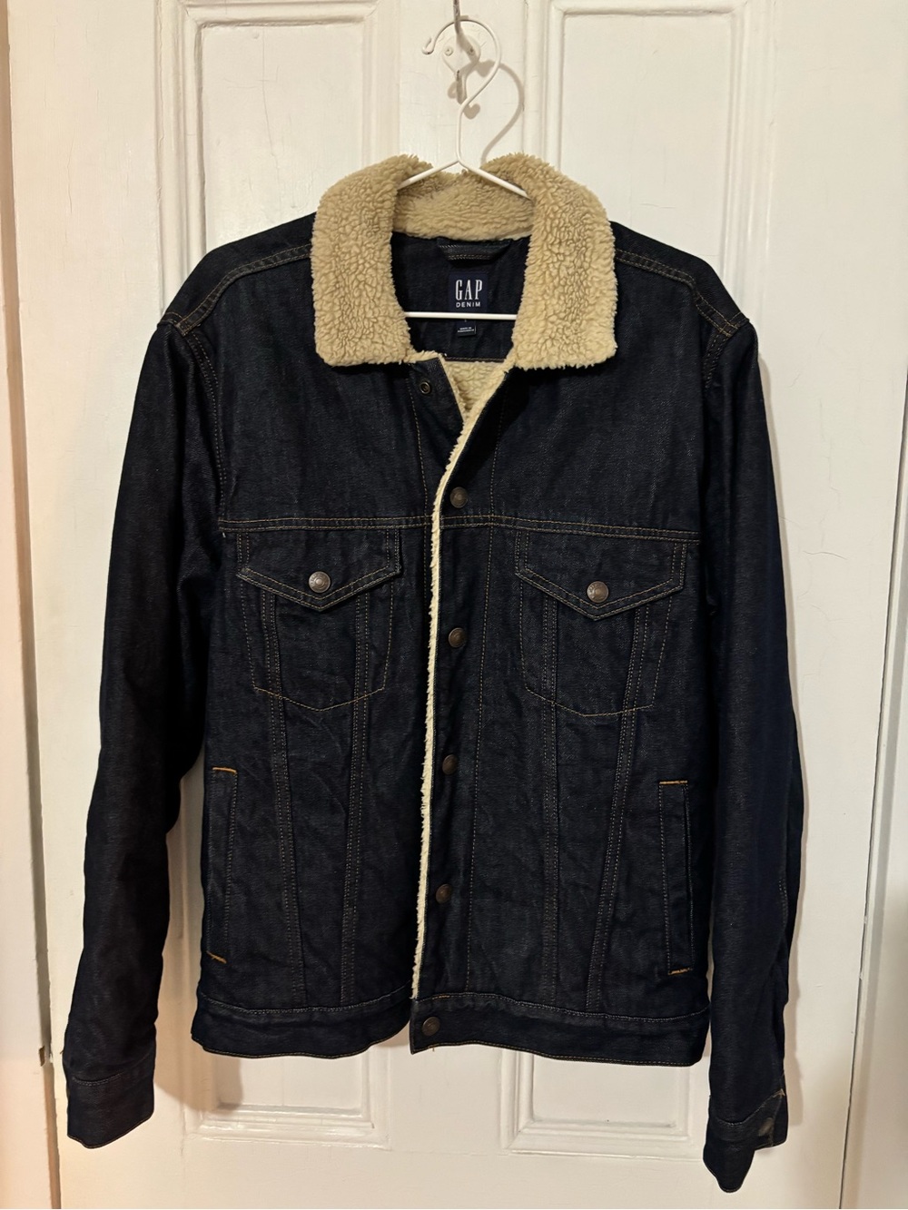 GAP Dark Denim Jacket with Cream Sherpa Collar